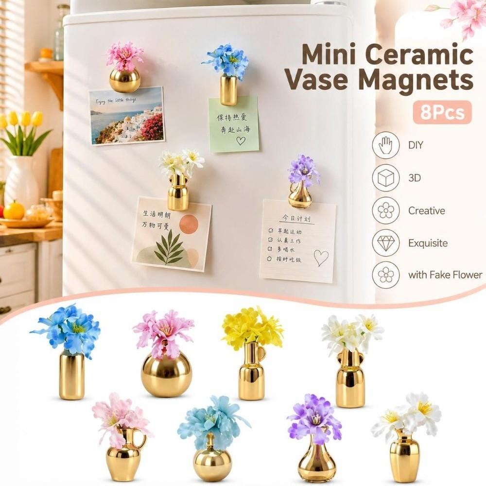 8Pcs 3D Mini Ceramic Vase Magnets Creative Refrigerator Magnets Vase Living Room