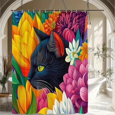 1 Stück Duschvorhang mit Tiermotiv, Katzenillustration und Blumenelementen, Kreatives Design für ein Schönes und Lebendiges Badezimmer