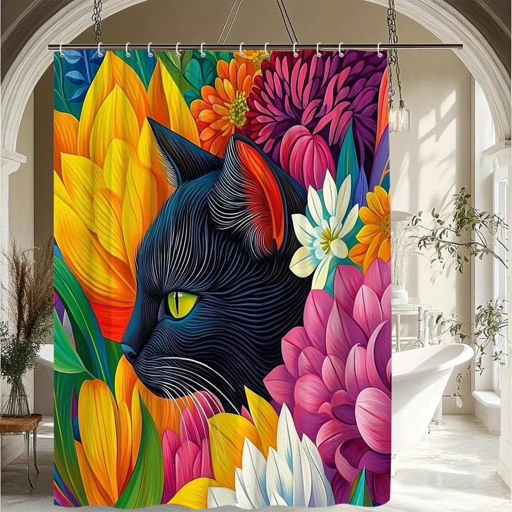 1pc Animal-Themed Shower Curtain with Cat Illustration and Floral Elements, Creative Design for a Beautiful and Vibrant Bathroom