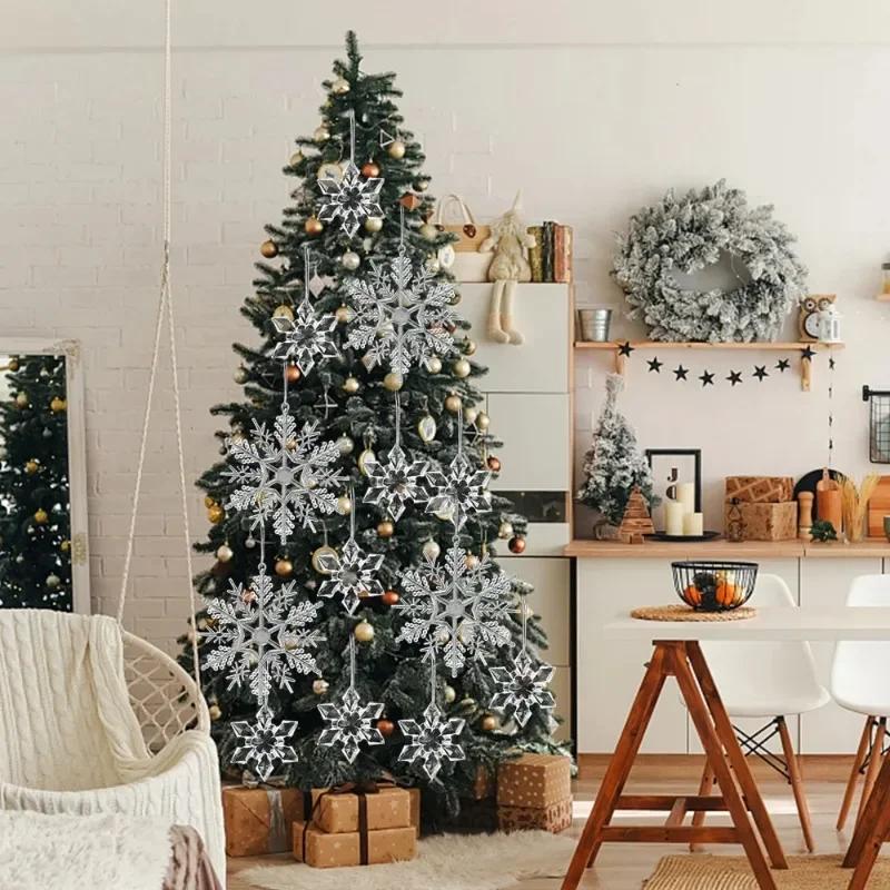 36-5PCS Clear Crystal Snowflake Icicle Ornament Acrylic Xmas Tree Hanging Pendant Holiday New Year Home Party Hanging Decoration