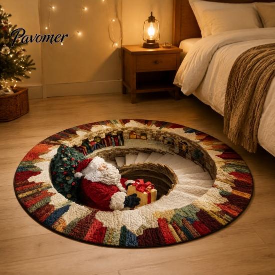 Round Christmas Area Rug Rug, 3D Optical Illusion Floor Mat with Santa Candy Cane Print, Non-Slip Stain Resistant Carpet for Living Room Bedroom