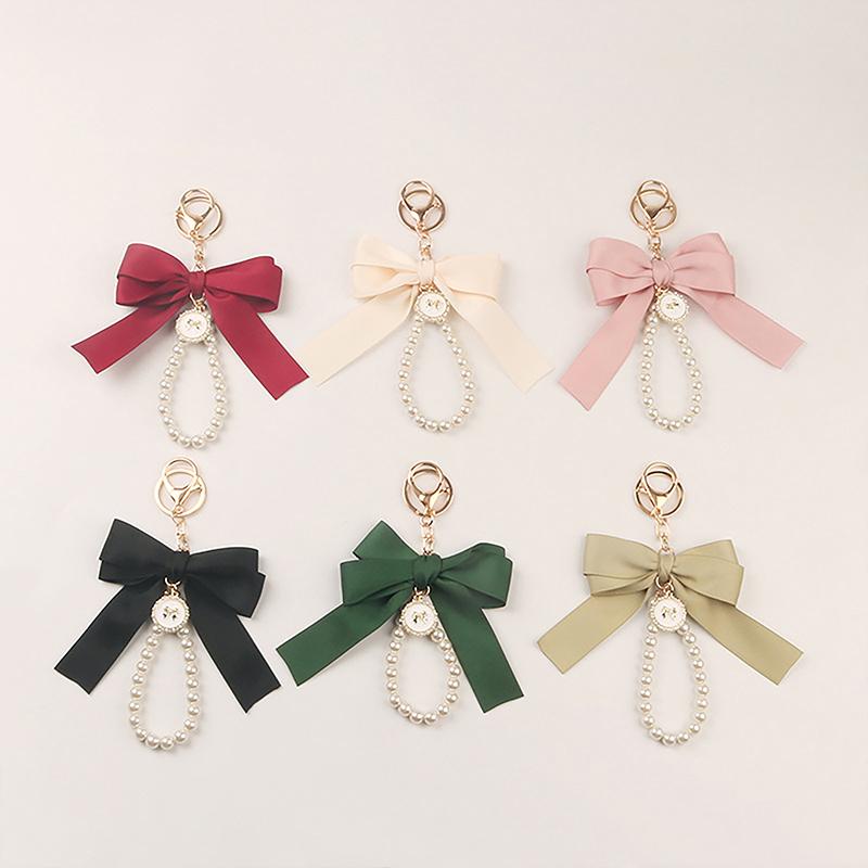 Large Bow Key Ring Pearl Keychain Car Pendant Creative Colorful Ribbon Fabric Knot Key Chain Accessories