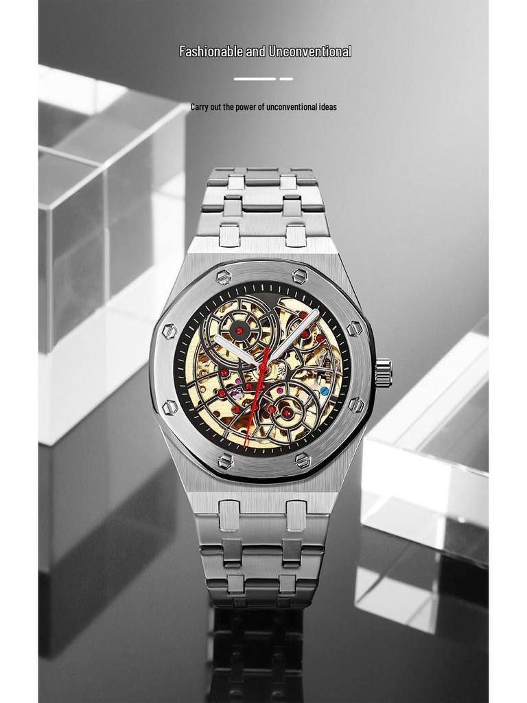 Men's Luxury Stainless Steel Skeleton Mechanical Watch with Large Dial, Fully Automatic Design