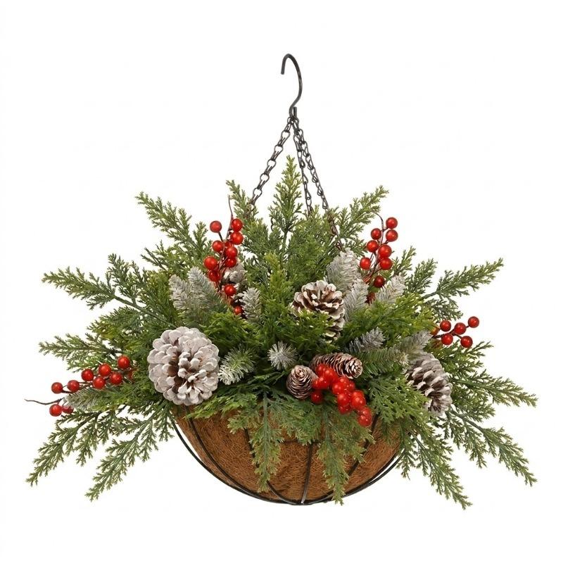 Weihnachts-Hängekorb Blumentopf Baum Halbkreisförmig Pilz Rattan Kiefernadeln Rote Früchte Band Dekorative Weihnachtsdekorationen