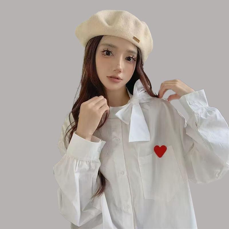 Love Embroidery Bow Long-sleeved White Shirt Female 2024 New Loose