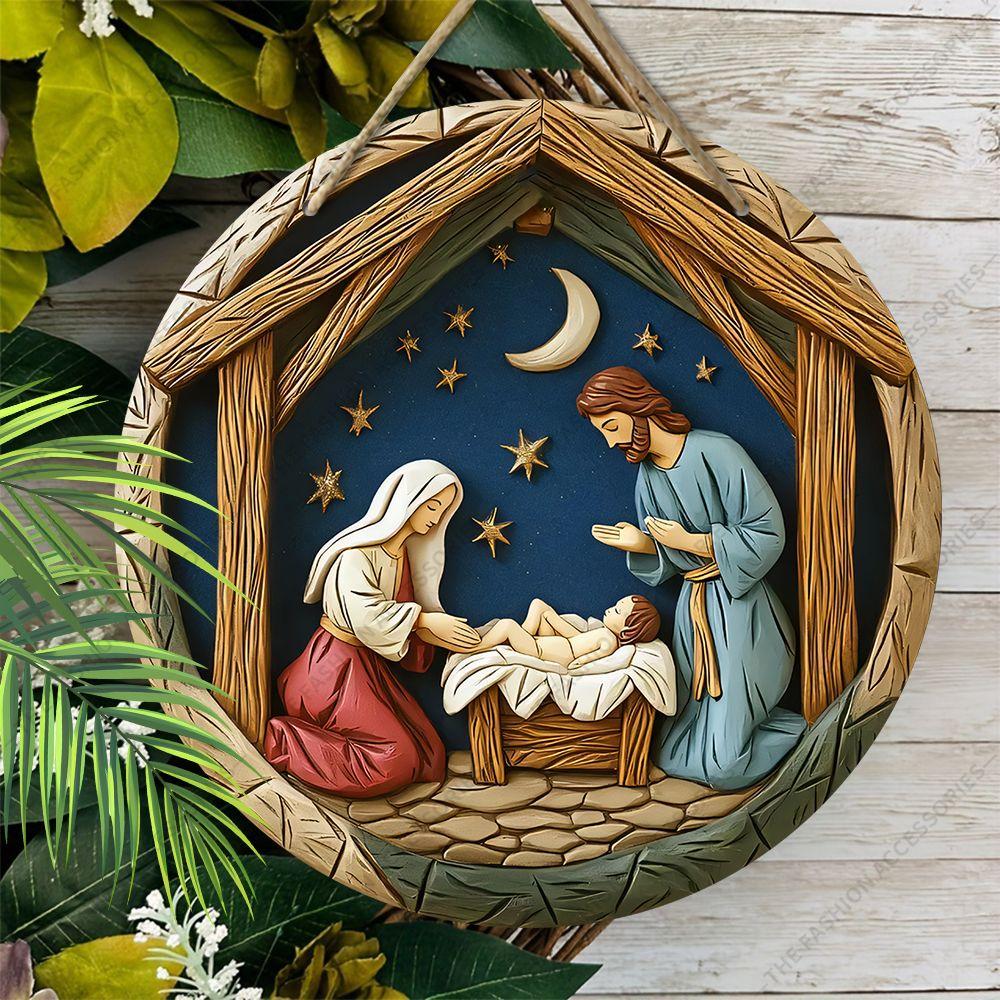 Helig natt krubba hänge, dekoration för hemmets väggar eller dörrar, 2d platt trä, juldekoration, presenter till vänner och familj