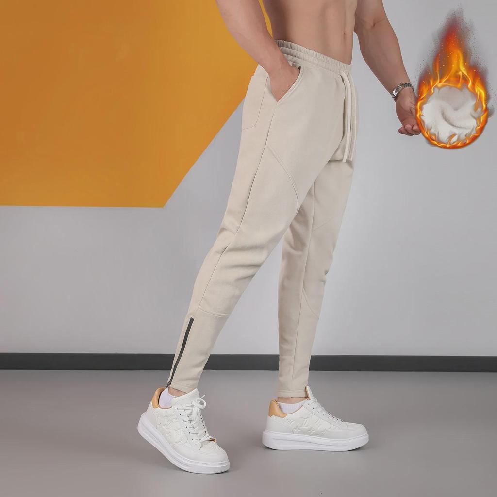 Men's Loose-Fit Plush Sweatpants: Thick, Autumn/Winter, Straight-Leg, Zippered Fitness Trousers for Running and Casual Wear.