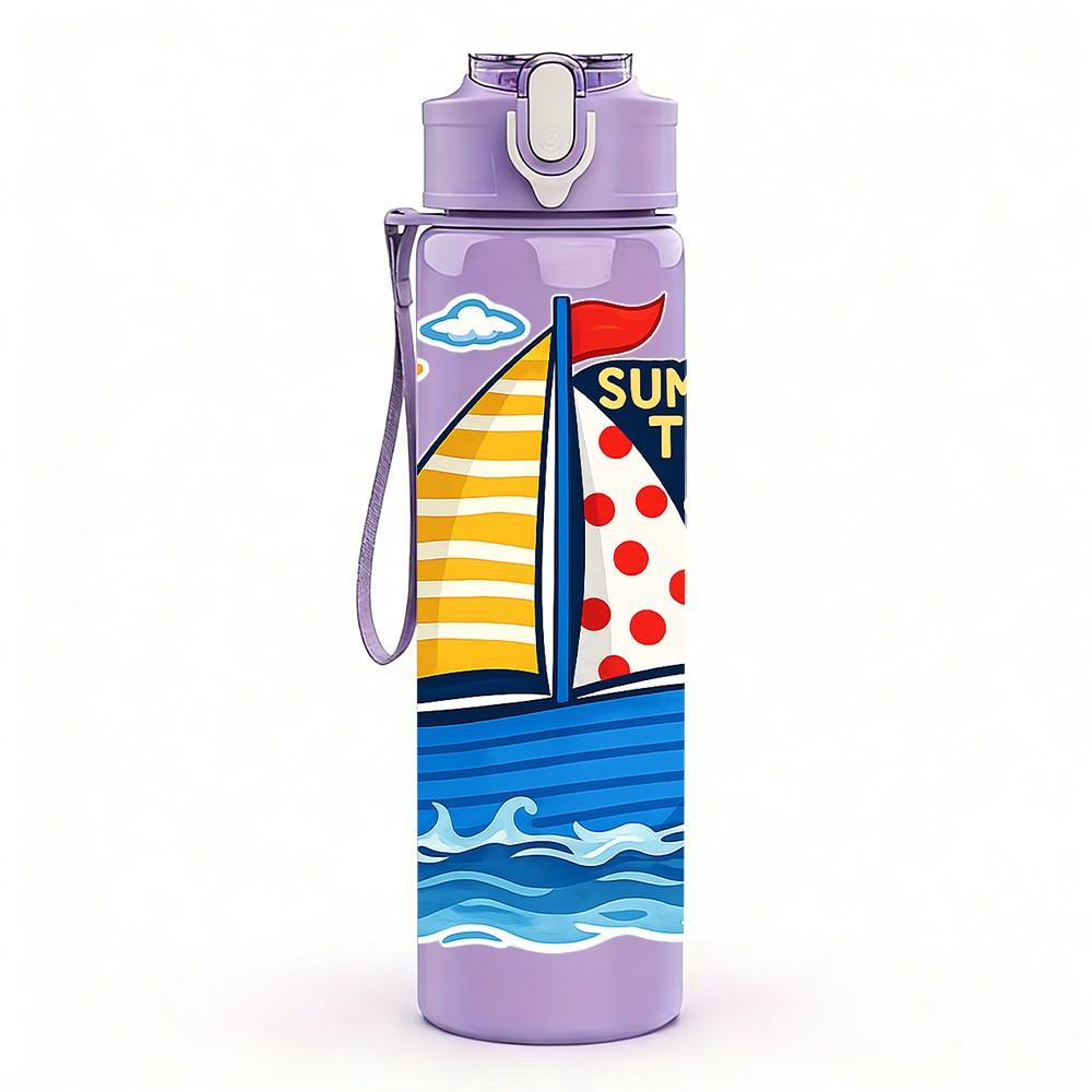 1PC Sailboat Ocean Sunny Scene Print 750ml Color Plastic Sports Water Bottle Leakproof Flip Straw Lid Suitable for Sports Office Home Use