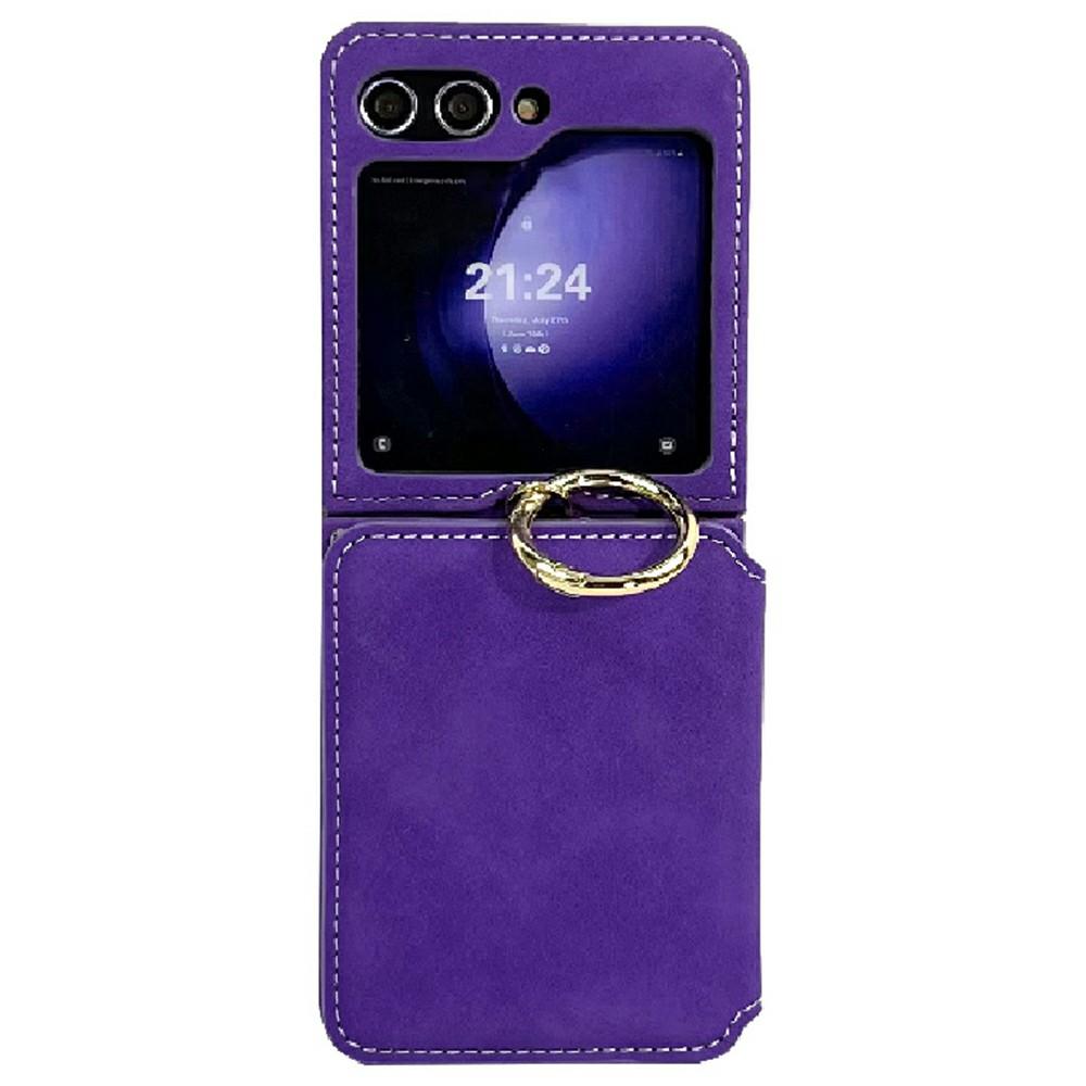 

For Samsung Galaxy Z Flip7 5G Case Card Holder Ring Holder Kickstand PU+PC Phone Cover with Chain Purple