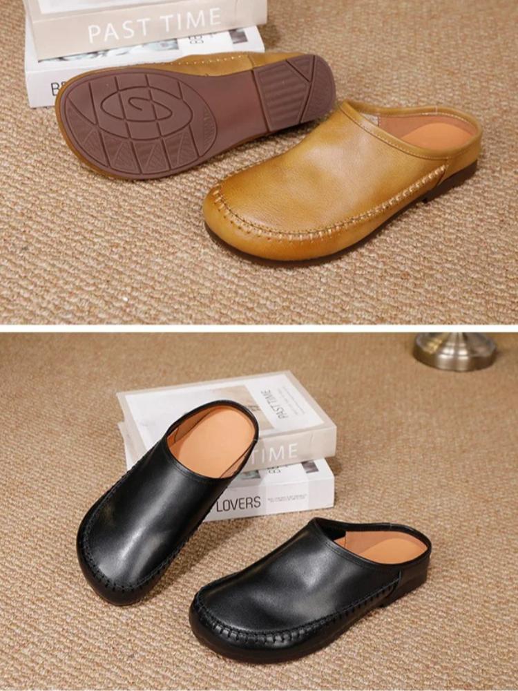 Johnature Retro Soft Soled Women's Slippers Genuine Leather Solid Color Handmade Comfortable Outdoor Slides