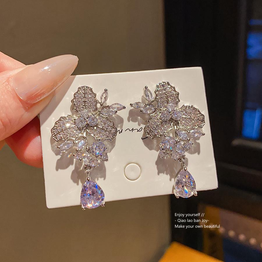Silver Needle Zircon Water Drop Flower Earrings For Women Stylish Office Jewelry