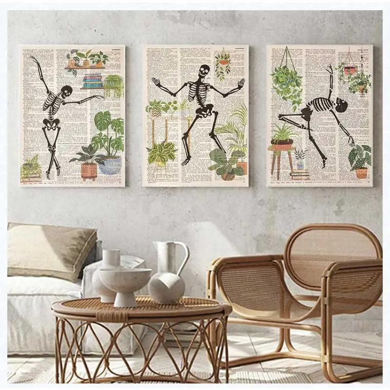 Dancing Skeleton Poster Abstract Vintage Human Skeleton Newspaper Canvas Painting Funny Wall Art for Living Room Home Decor