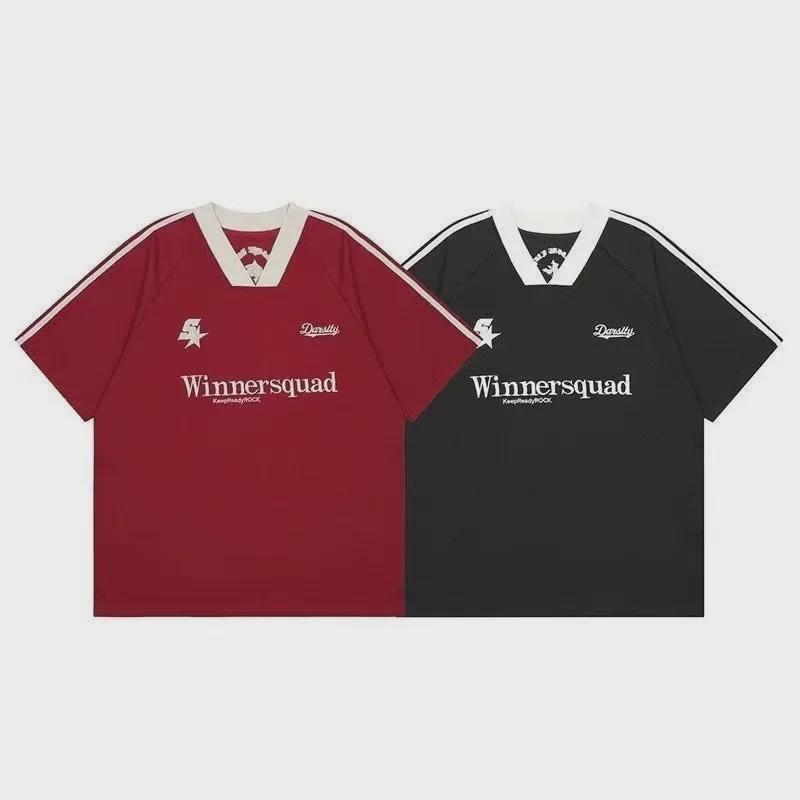 Unisex Retro V-Neck Embroidered Colorblock Half-Sleeve T-Shirt