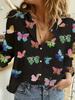Fashion Retro Butterfly Group Print Long Sleeve Blouse Spring Spring Lapel Button Casual Blouse Ladies Home Shirt