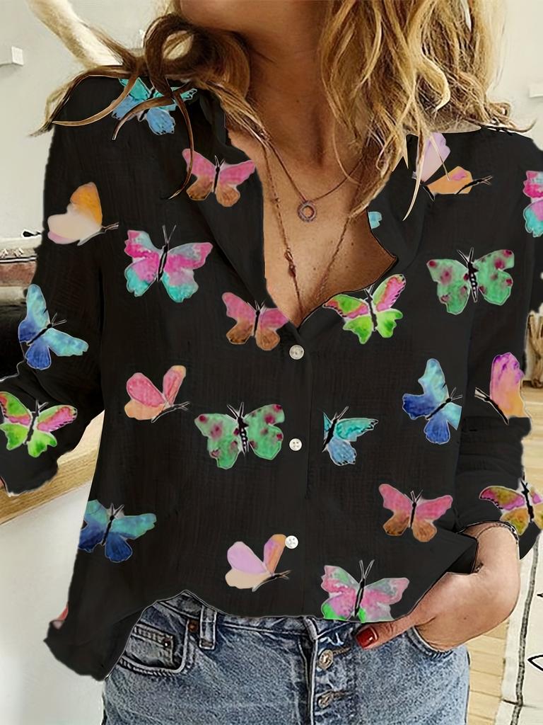 Fashion Retro Butterfly Group Print Long Sleeve Blouse Spring Spring Lapel Button Casual Blouse Ladies Home Shirt