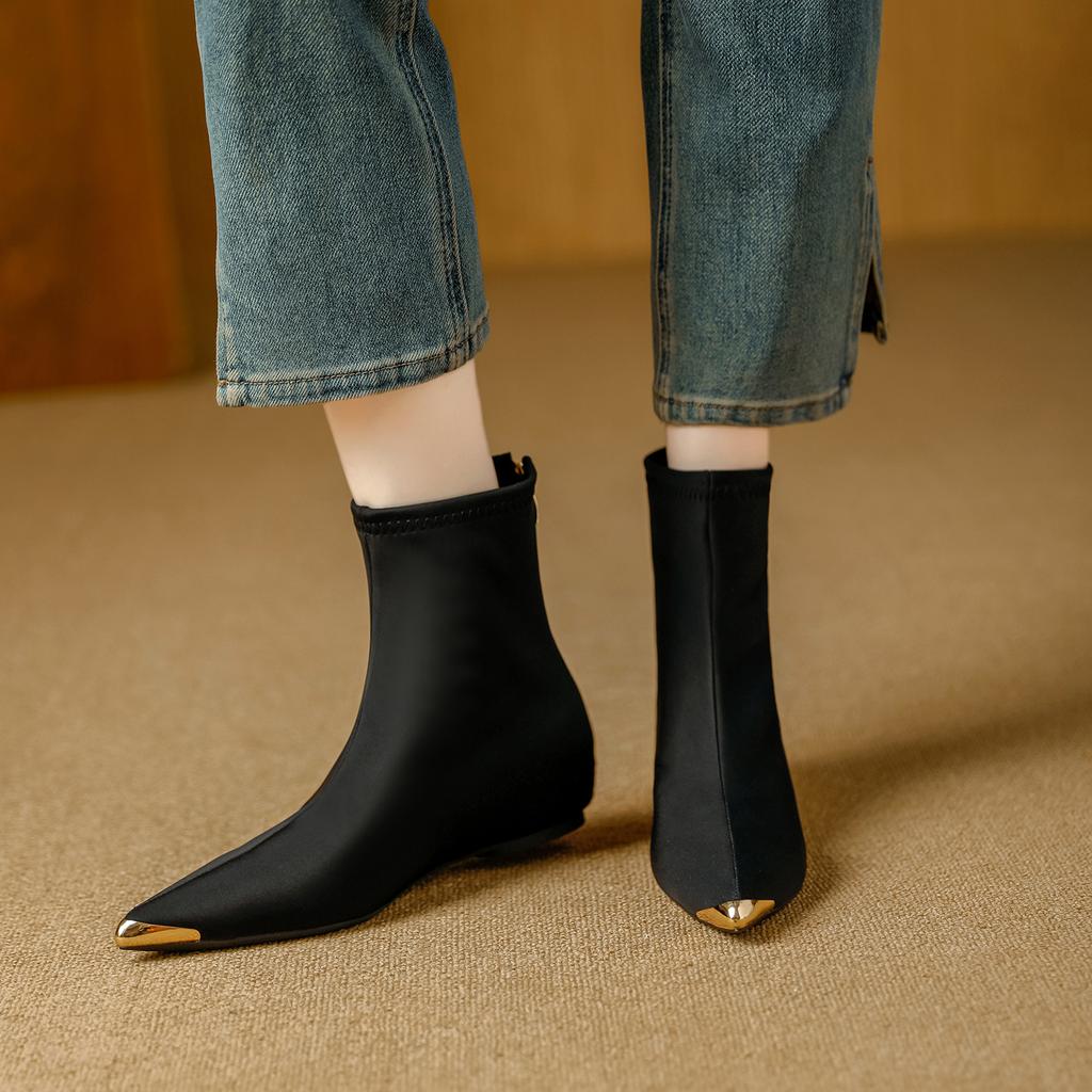 Anti-kick Inner Heightening Short Boots Women's 2025 Autumn and Winter New Metal Pointed Versatile European and American Style Elastic Thin Boots Bare