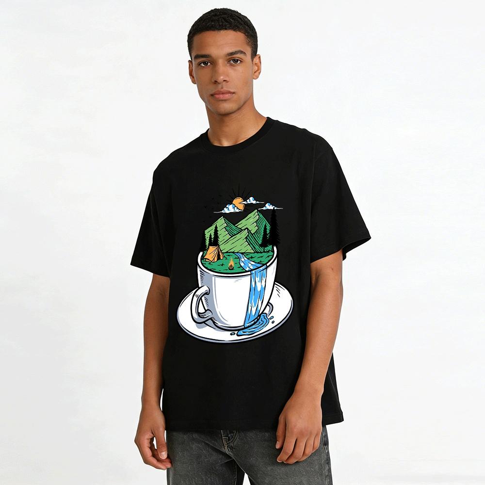 Outdoor Camping Mountain Waterfall Coffee Cup Graphic Casual T-Shirt Pure Cotton T-shirt