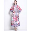 Spring Autumn Women Vintage Print Flower Runway Dresses Plus Size Stand Collar Single Breasted Oversized Loose Long Maxi Holiday Seaside Dress