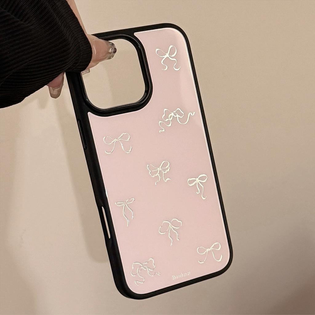 Gilded Case Suitable for iPhone 16 Pro Max, Apple 15, 13, 14, 17, with Glass and Light Luxury Pink Bow