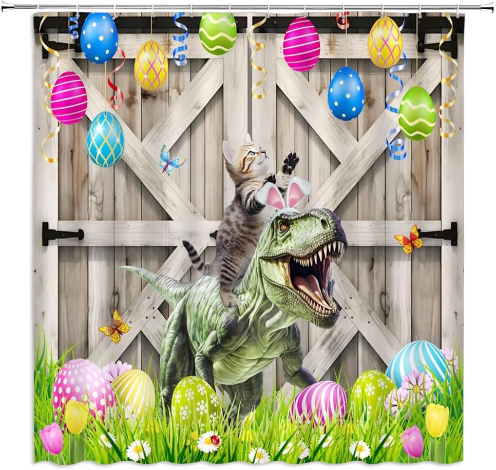 

Easter Shower Curtain Funny Cat Ride Dinosaurs Colorful Eggs Spring Wild Animal Holiday Green Grassland Butterfly Vitange Barn W60H190(CM)-1 Pcs