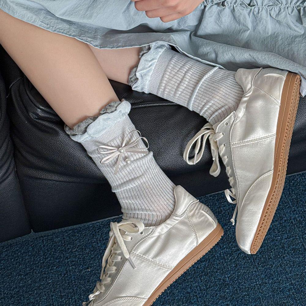 5Pairs Ruffle Mid Tube Socks Thin Sweet Socks Women Solid Color Bowknot Pearl Socks  Lady