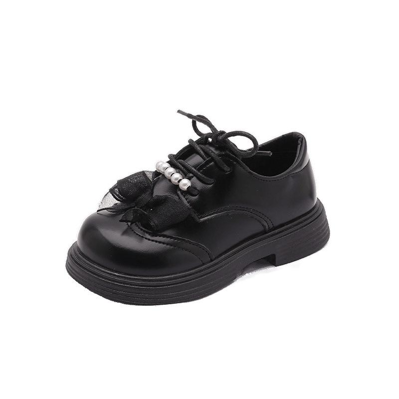 Girls' leather shoes 2025 early spring new children's princess shoes British style solid color bow pearl soft sole single shoes