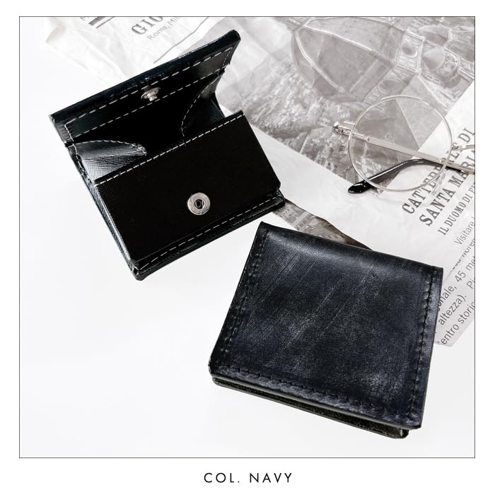 Box-shaped coin purse, slim wallet for women and compact wallet for men, made of genuine bridle leather [NB], black