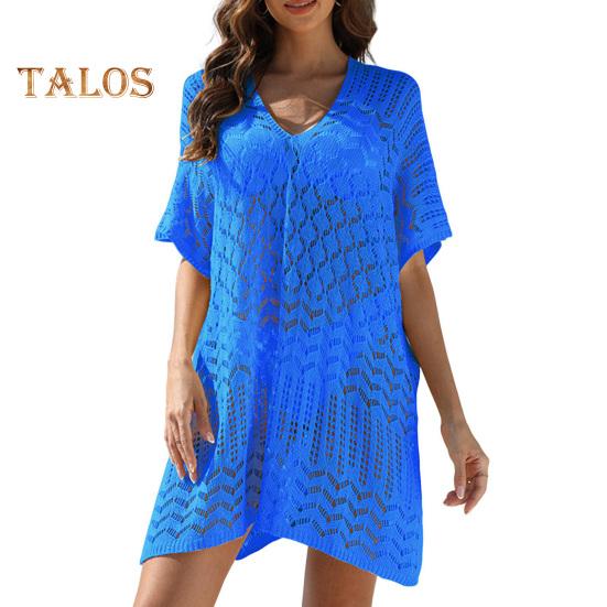 Women's Mesh Crochet Swimwear Cover-Up V-Neck Short Sleeve Hollow Out Beachwear Loose Fit Bikini Cover Up Dress for Vacation Travel