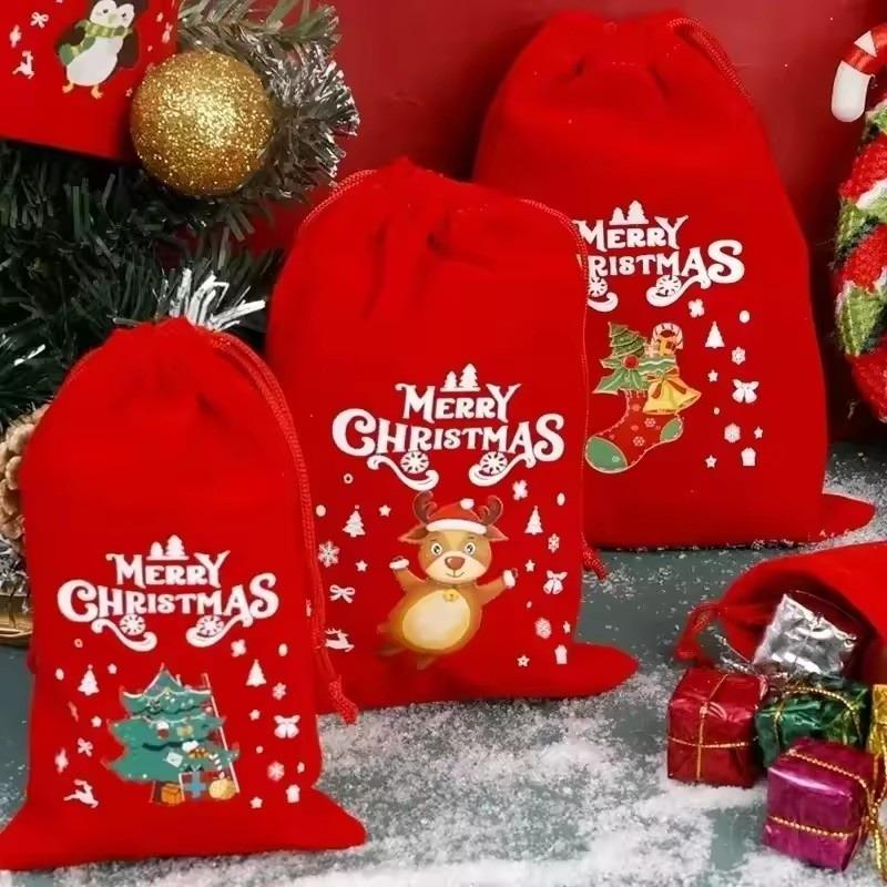 Christmas Red Green Velvet Drawstring Bags Bulk Candy Biscuit Pouch for Party Favors, Gift Giving & Holiday Decoration Supplies