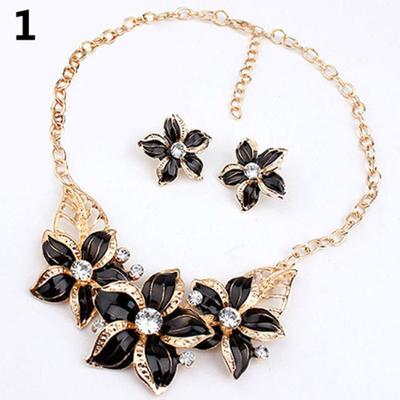 Frauen Strass Blume Aussage Anhänger Halskette Ohrringe Schmuck Set