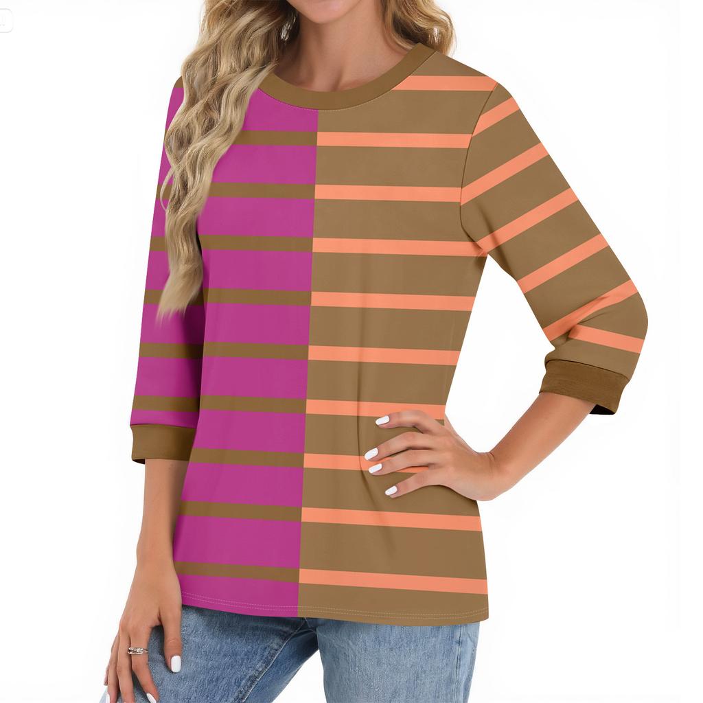 Women's Fashion Casual Seven Sleeve T-Shirt Print Round Neck Top