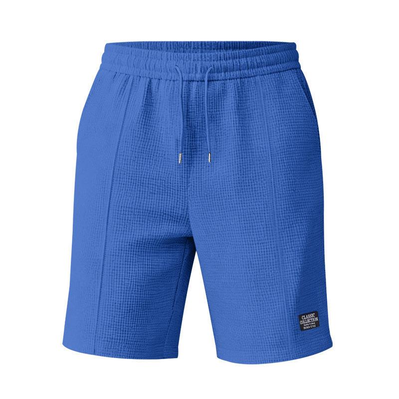 Men Casual Waffle Drawstring Elastic Waist Loose Beach Knee Length Shorts