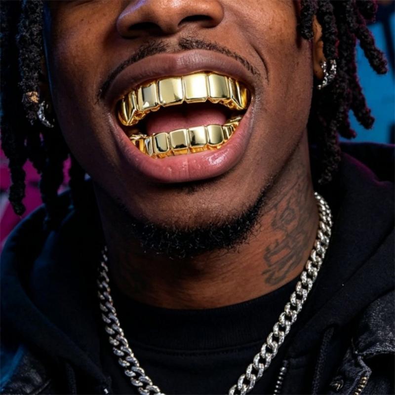 Connected Upper and Lower Tooth Grill Set, Mirror Finish Plated Metal Mouth Jewelry for Party and Stage Styling