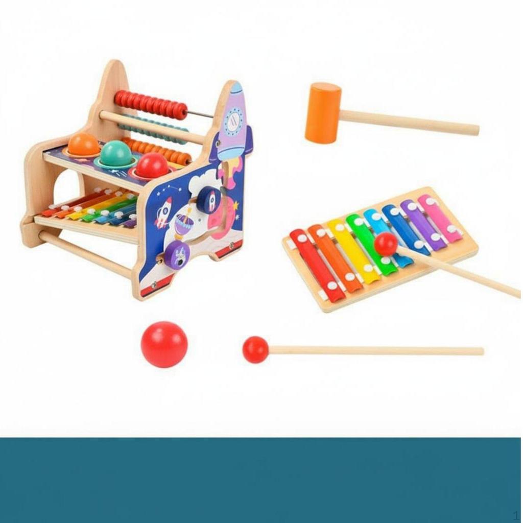 Wooden Pounding Bench Xylophone Educational Abacus Clock Maze Toy Develops Motor Skills