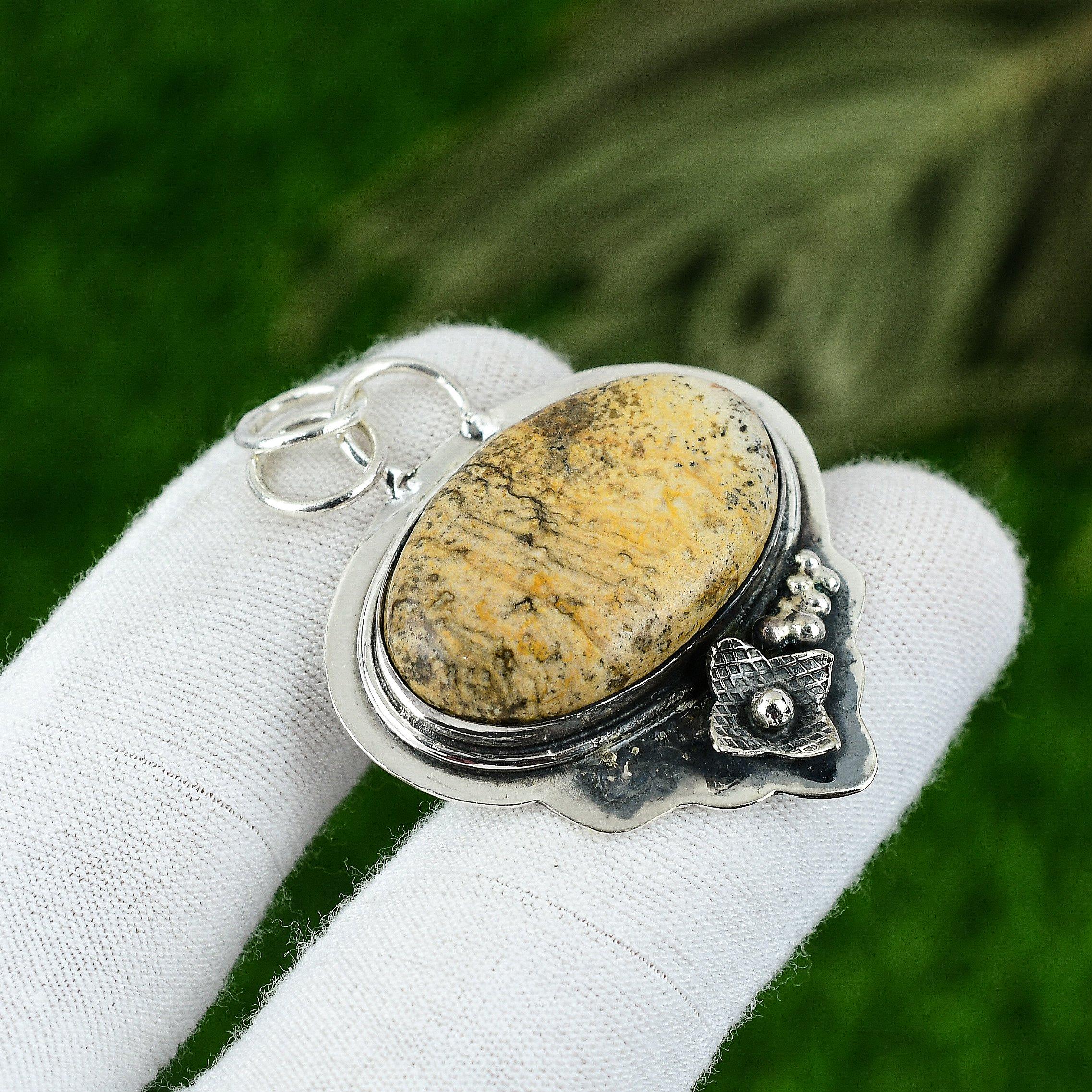 

Birthday Gift For Her Natural Picture Jasper Gemstone Pendant 925 Silver