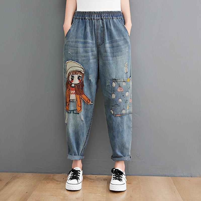 Calça jeans bordada para meninas, desenho animado, para mulheres, buraco na moda, casual, cintura alta, bolsos, mãe, harém, jeans azul