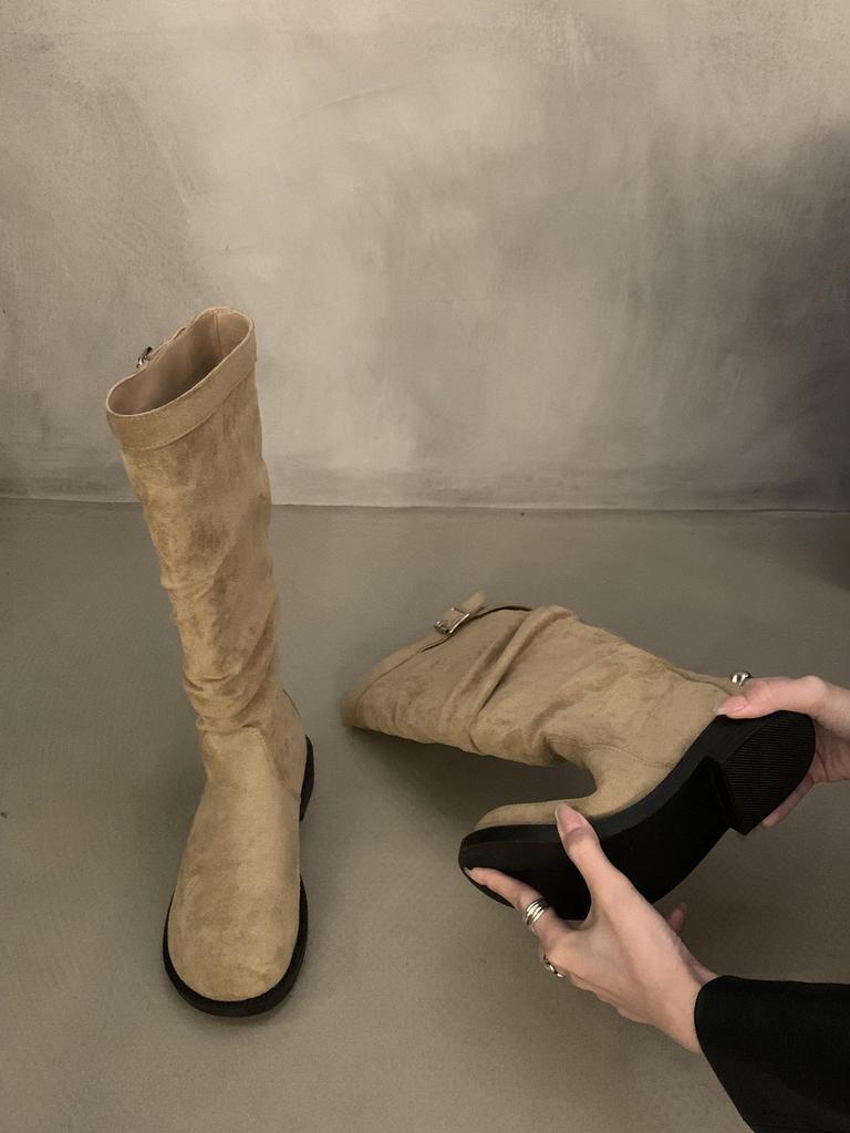 Vintage Khaki Long Women's Boots Thick Heel Tall Knight Boots Skinny Boots Summer Western Cowboy Boots Stacking Boots
