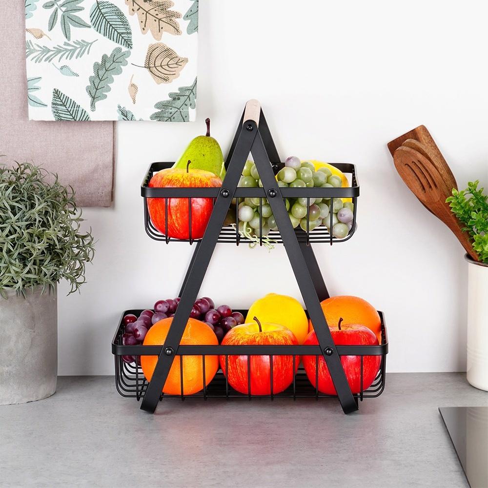 Two-tiered Basket for Fruits and Vegetables, Black Metal Platter, Basket