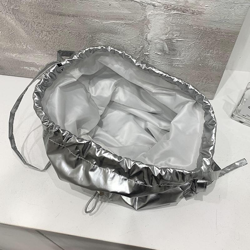 New Silvery Drawstring Double Shoulder Bag Women's Korean Lazy Tote Backpack Lightweight Easy-to-Carry Outdoor Sports Backpack AVE