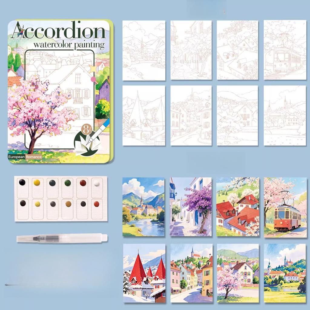 Folded Watercolor Coloring Line Drawing Book Comes with Paints Brushes Notebook Beginners Coloring Doodle Copying Illustrations