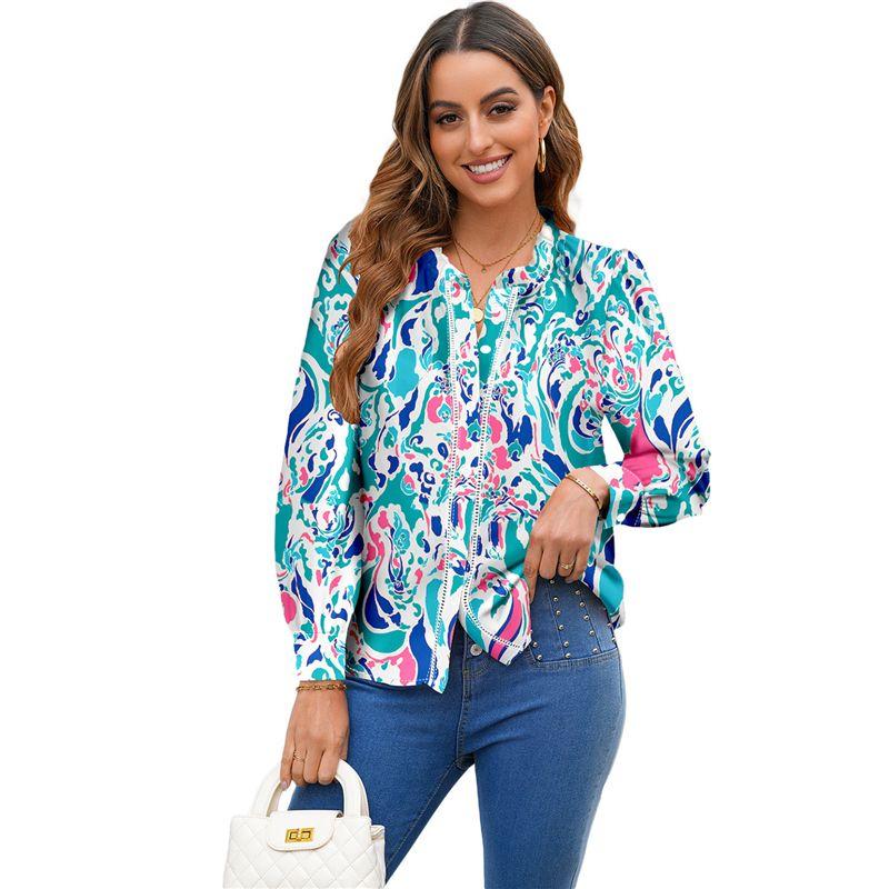 

American Shiying Floral Print Single-Breasted Shirt Women 2025 Autumn New Niche Color Matching Long sleeve Shirts Light blue P4 XL(Code fits (70.00 kg-75.00 kg)