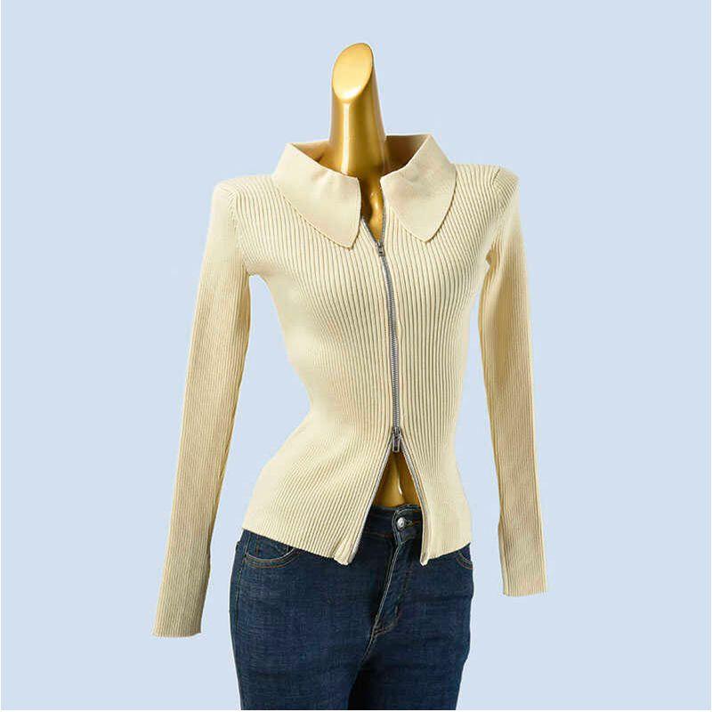 Stylish Double Zipper Knitting Cardigan Female Spring & Fall New Arrival Silm Slim Looking Lapel Long Sleeve Bottoming Top Outwear
