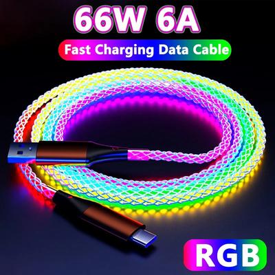 66W RGB Color Light USB C Fast Charging Cable For Xiaomi  Samsung Dual Type-C Phone Charger Data Cord For iPhone 15