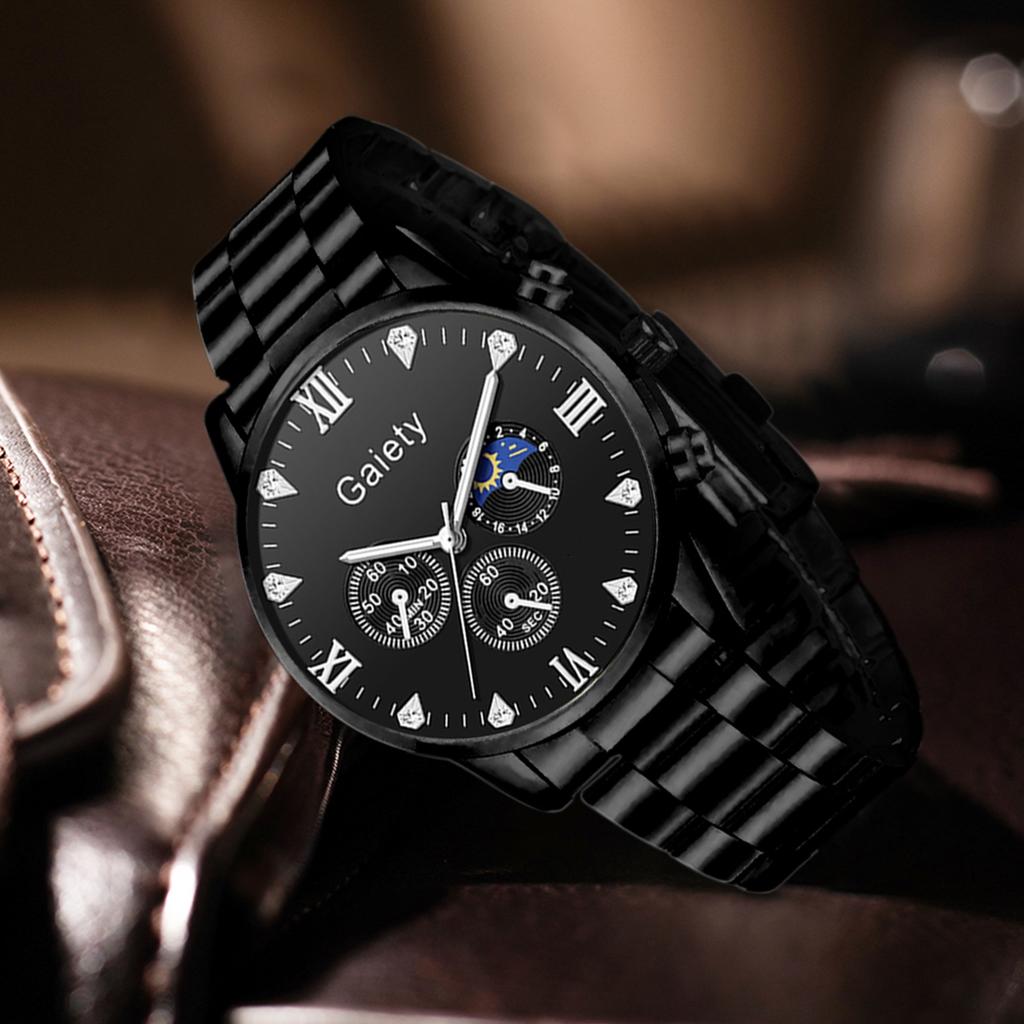 4PC Men's Watch Set Business Trend Black Round Dial Quartz Watch Bracelet Necklace Ring Set Suitable for Daily Clothing Matching