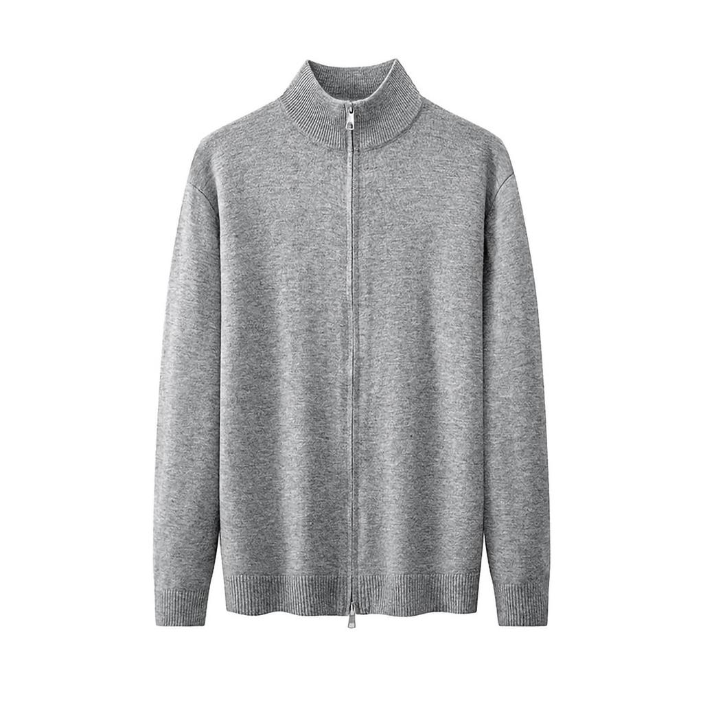 Men's Solid-color Double-zipper Cardigan Sweater Jacket, Unisex Stand-up Collar Knitted Sweater Top