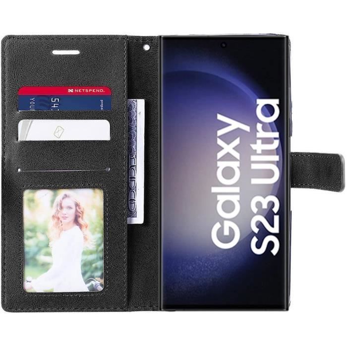 Coque Rabat - BOOLING - pour Samsung S23 Ultra - Synthécuir Antichoc Noir - Étui Porte-Monnaie - 2 Verres Trempés