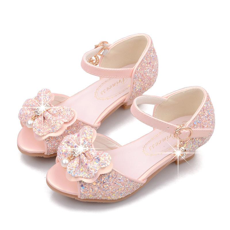 New Korean-style high-heeled girls' sandals, fashionable children's shoes with bows and sequins, Frozen princess shoes