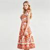 2026 New Summer Holiday Orange Flower Print Midi Dress Women's Square Neck Short Sleeve Backless A-Line Boho Dress