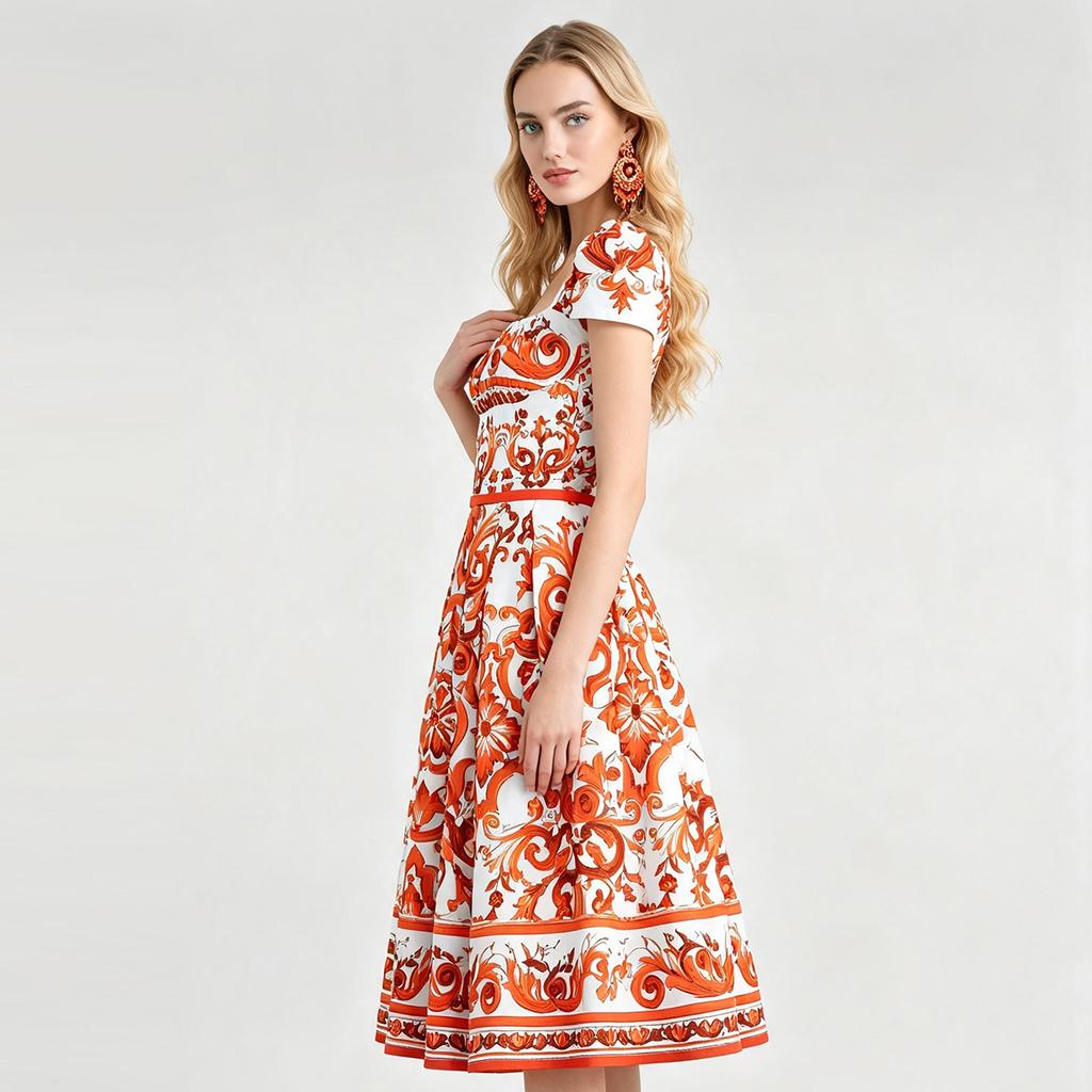 2026 New Summer Holiday Orange Flower Print Midi Dress Women's Square Neck Short Sleeve Backless A-Line Boho Dress