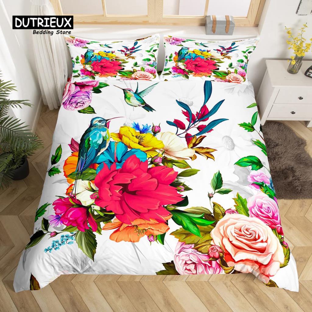 

For Boy Girl - Cute Birds Duvet Cover King Size Pink Peach Flower Bedding Set Polyester Bird Butterfly Wild Animal Comforter Cover EU single(135x200cm)